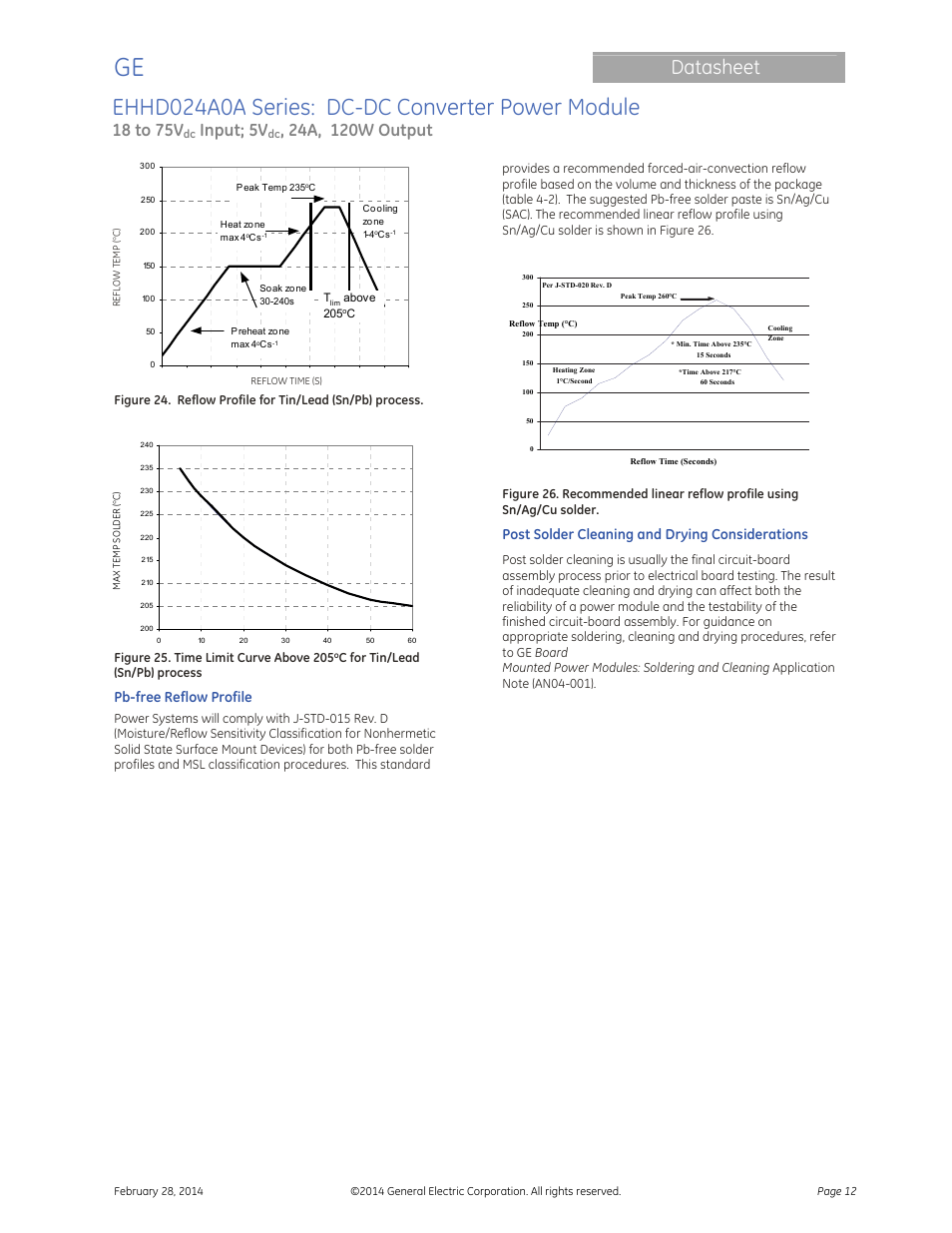 Ehhd024a0a series: dc-dc converter power module, Datasheet, 18 to 75v | Input; 5v, Pb-free reflow profile, Post solder cleaning and drying considerations | GE Industrial Solutions EHHD024A0A HAMMERHEAD Series User Manual | Page 12 / 20