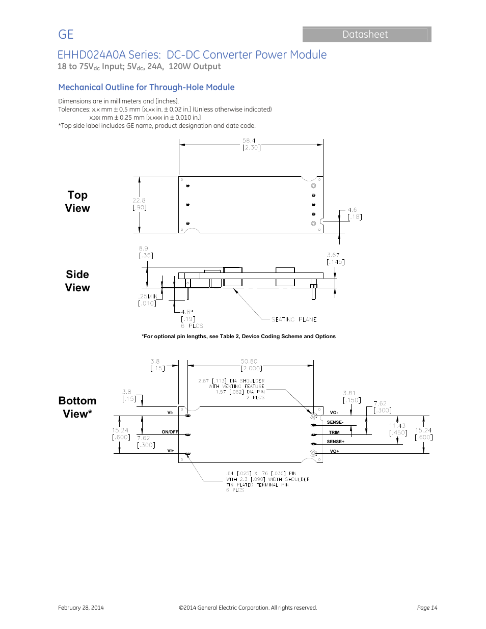 Ehhd024a0a series: dc-dc converter power module, Top view side view bottom view, Datasheet | GE Industrial Solutions EHHD024A0A HAMMERHEAD Series User Manual | Page 14 / 20
