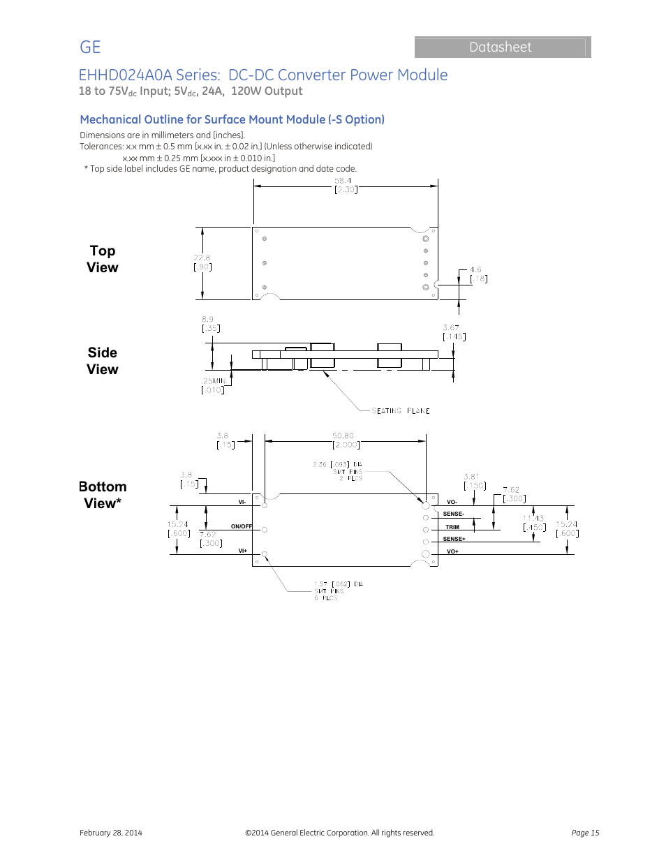 Ehhd024a0a series: dc-dc converter power module, Datasheet, Top view side view bottom view | GE Industrial Solutions EHHD024A0A HAMMERHEAD Series User Manual | Page 15 / 20
