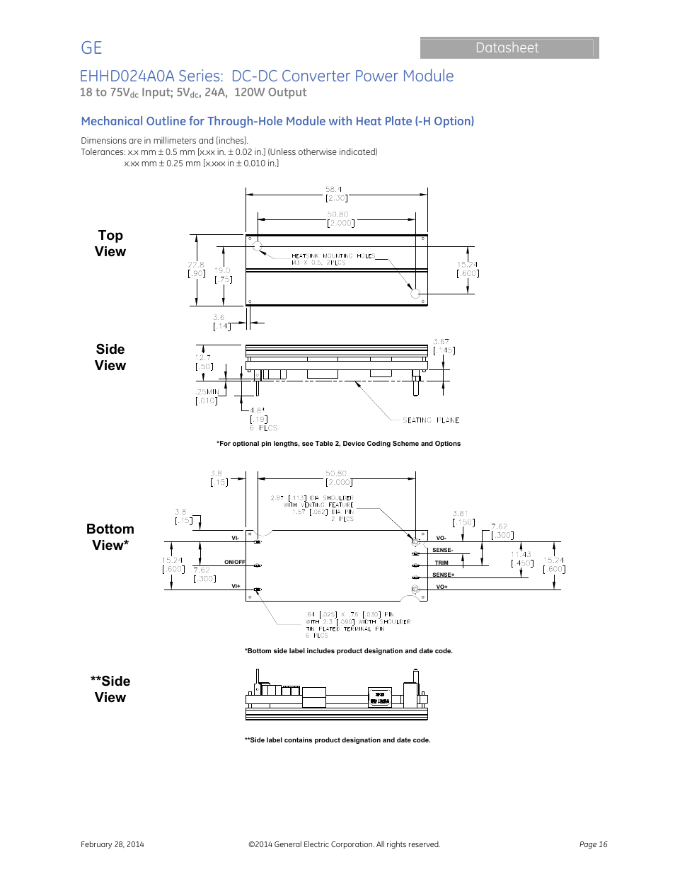 Ehhd024a0a series: dc-dc converter power module, Datasheet, Top view side view bottom view | Side view | GE Industrial Solutions EHHD024A0A HAMMERHEAD Series User Manual | Page 16 / 20