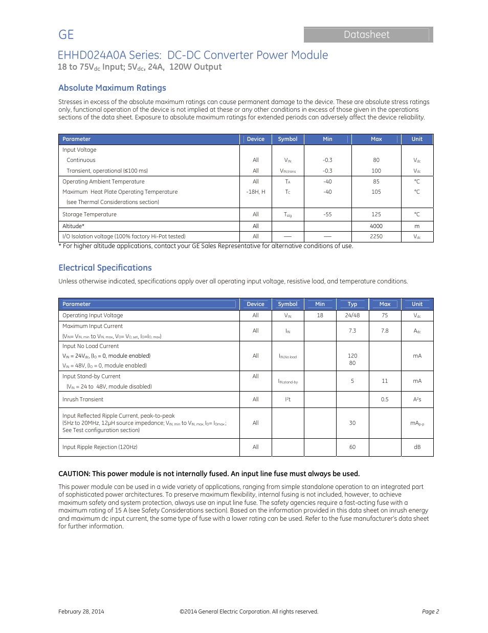 Ehhd024a0a series: dc-dc converter power module, Datasheet, 18 to 75v | Input; 5v, Absolute maximum ratings, Electrical specifications | GE Industrial Solutions EHHD024A0A HAMMERHEAD Series User Manual | Page 2 / 20