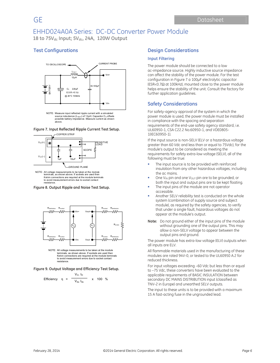 Ehhd024a0a series: dc-dc converter power module, Datasheet, 18 to 75v | Input; 5v, Test configurations, Design considerations, Safety considerations, Input filtering | GE Industrial Solutions EHHD024A0A HAMMERHEAD Series User Manual | Page 6 / 20