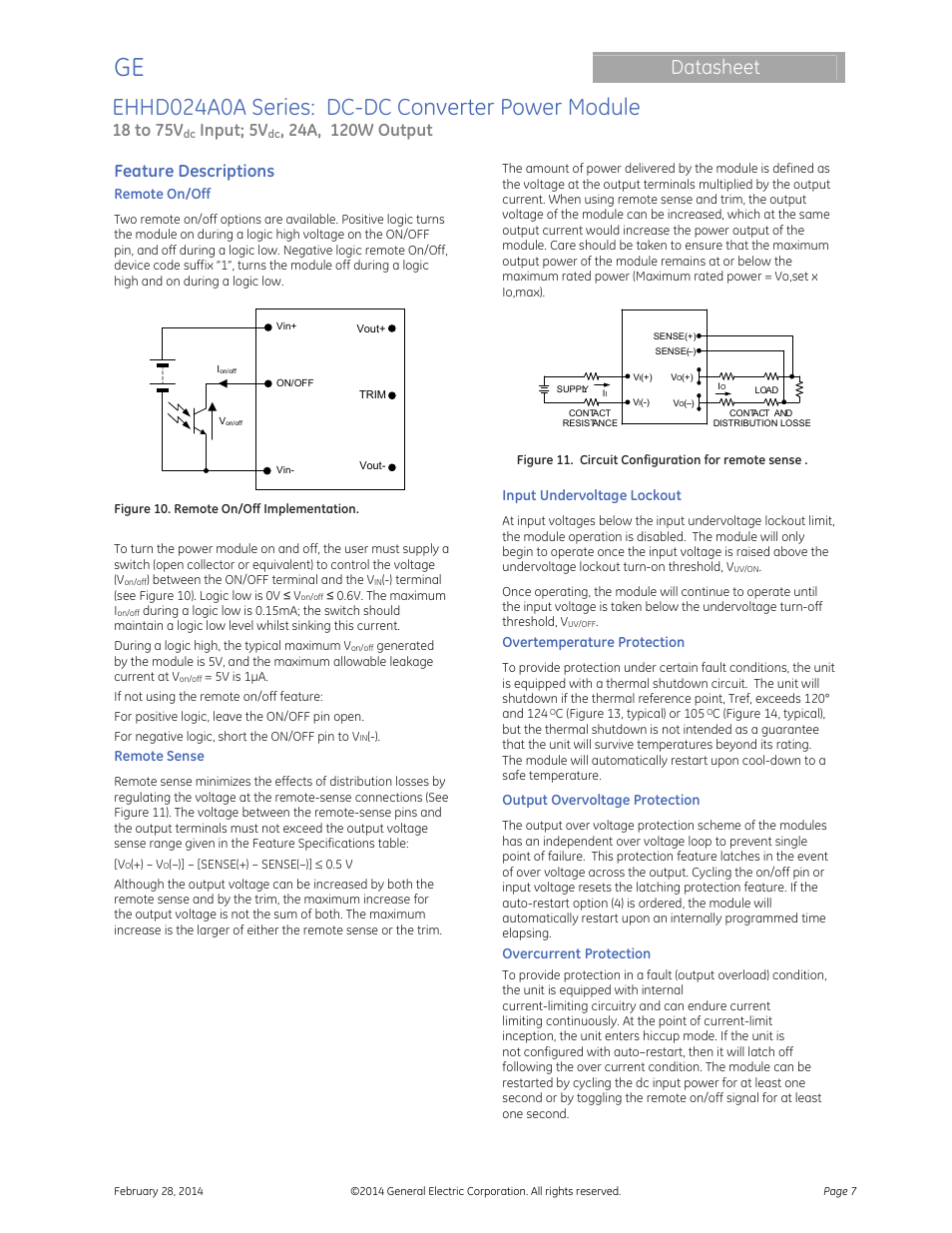 Ehhd024a0a series: dc-dc converter power module, Datasheet, 18 to 75v | Input; 5v, Feature descriptions | GE Industrial Solutions EHHD024A0A HAMMERHEAD Series User Manual | Page 7 / 20