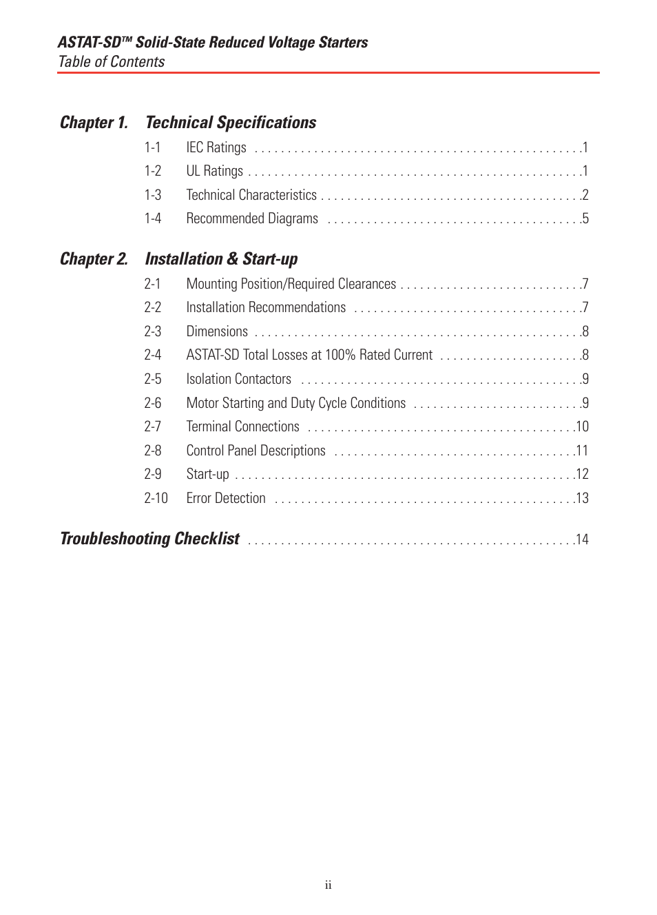 Chapter 1. technical specifications, Chapter 2. installation & start-up, Troubleshooting checklist | GE Industrial Solutions ASTAT-SD Solid-State Reduced Voltage Starter User Manual | Page 4 / 20