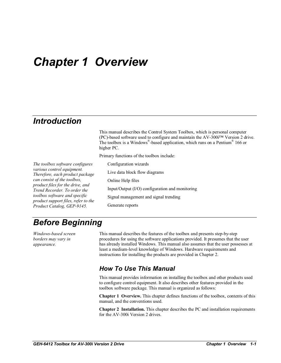 Chapter 1 overview, Introduction, Before beginning | How to use this manual | GE Industrial Solutions Control System Toolbox For an AV-300i Version 2 Drive User Manual | Page 11 / 80