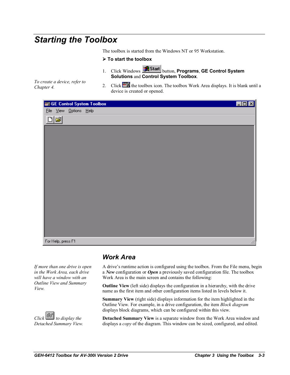 Starting the toolbox, Work area | GE Industrial Solutions Control System Toolbox For an AV-300i Version 2 Drive User Manual | Page 21 / 80