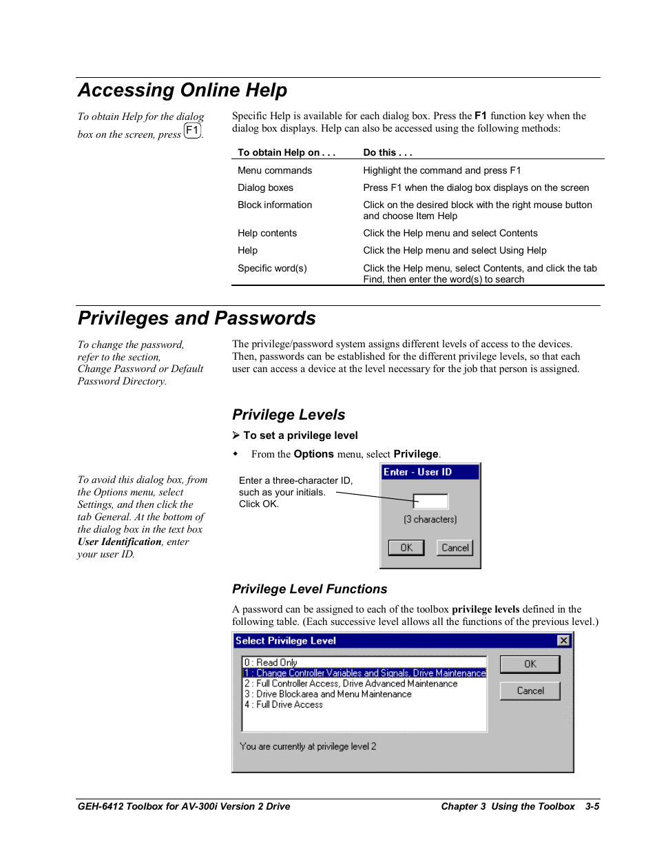 Accessing online help, Privileges and passwords, Privilege levels | Privilege level functions | GE Industrial Solutions Control System Toolbox For an AV-300i Version 2 Drive User Manual | Page 23 / 80