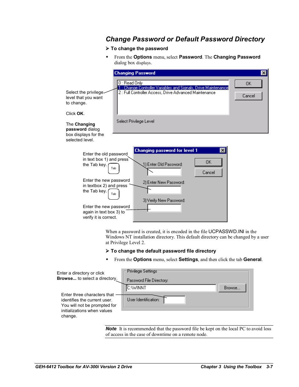 Toolbox options, Change password or default password directory | GE Industrial Solutions Control System Toolbox For an AV-300i Version 2 Drive User Manual | Page 25 / 80