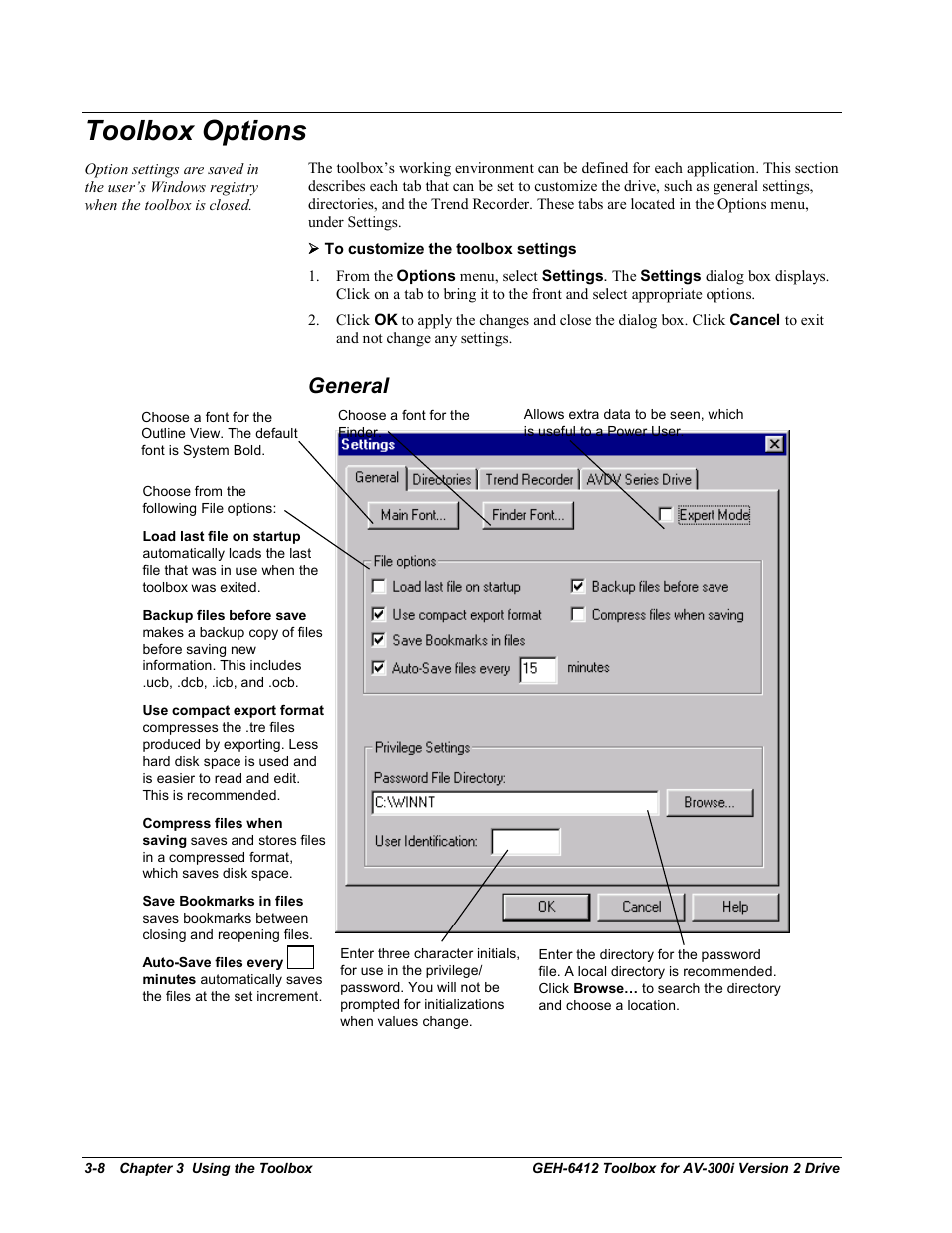 General, Toolbox options | GE Industrial Solutions Control System Toolbox For an AV-300i Version 2 Drive User Manual | Page 26 / 80