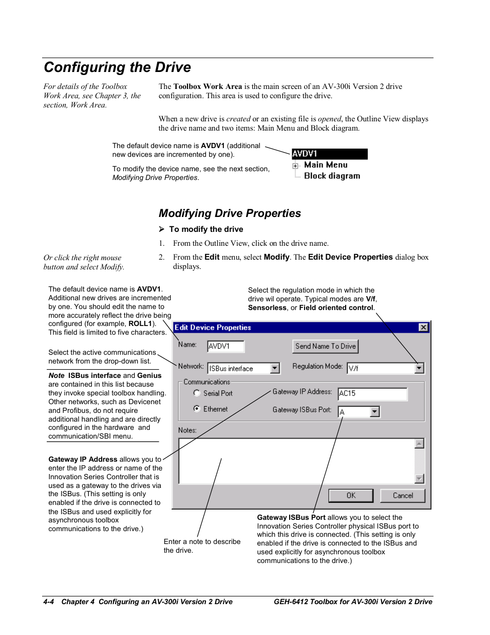 Modifying drive properties, Configuring the drive | GE Industrial Solutions Control System Toolbox For an AV-300i Version 2 Drive User Manual | Page 34 / 80
