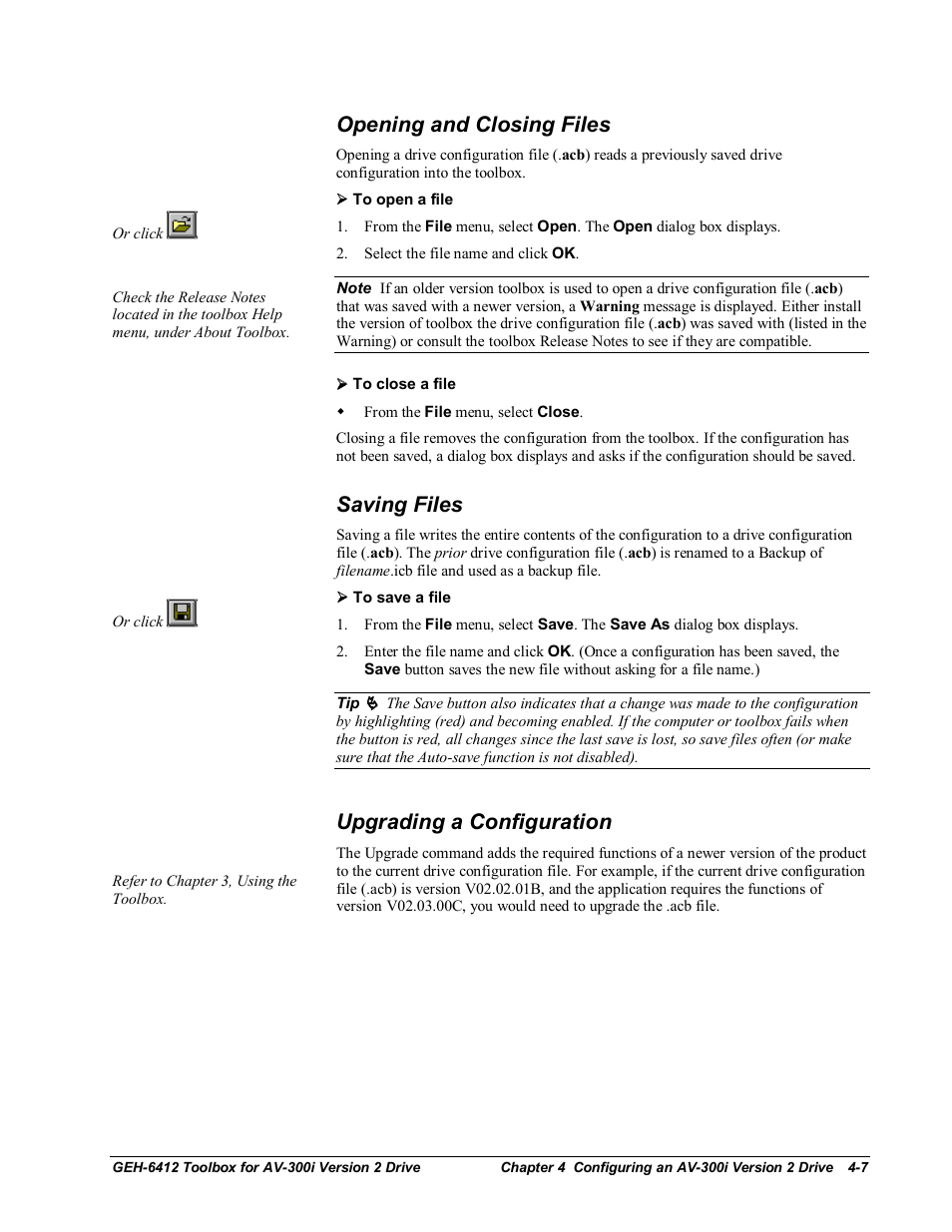 Opening and closing files, Saving files, Upgrading a configuration | GE Industrial Solutions Control System Toolbox For an AV-300i Version 2 Drive User Manual | Page 37 / 80