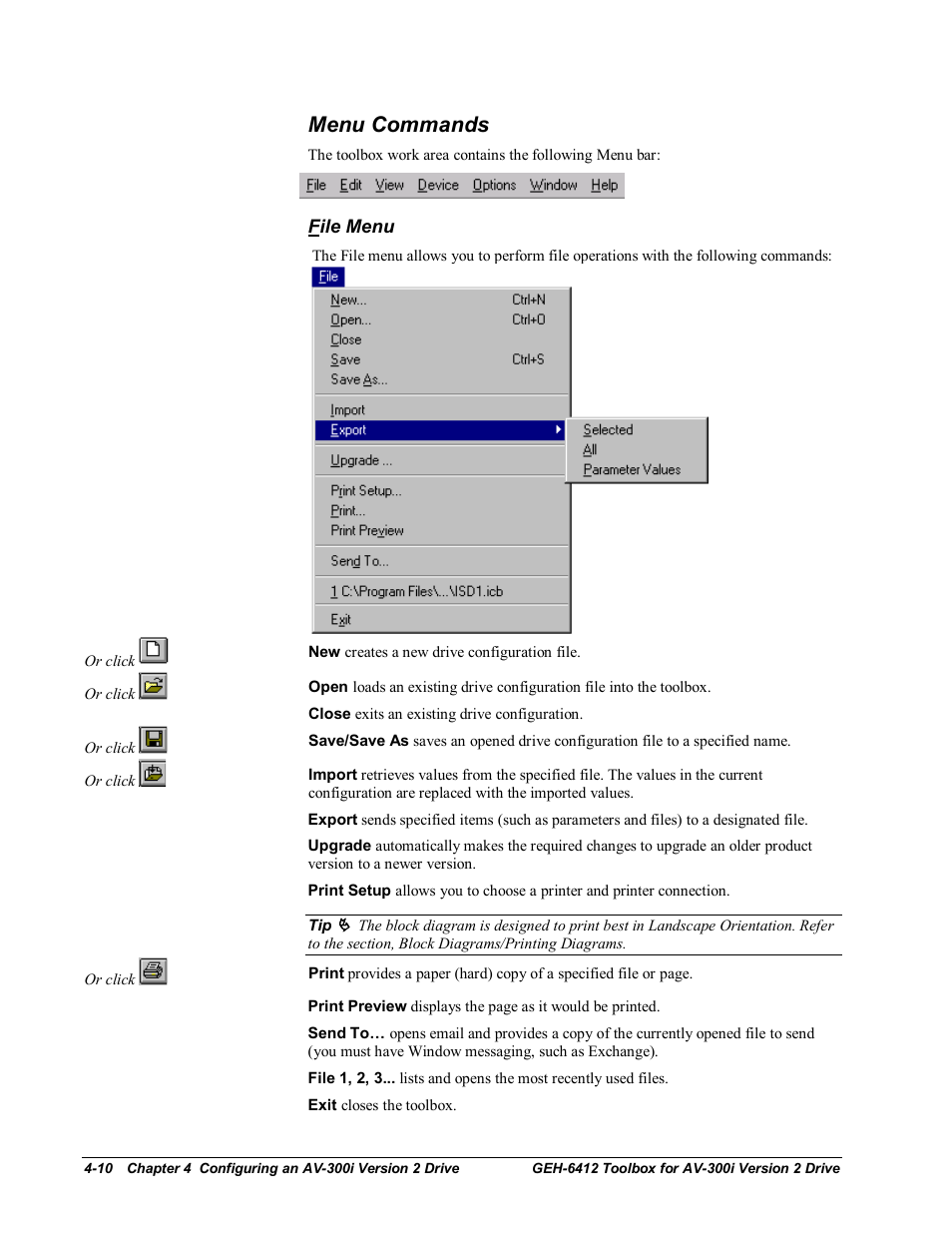 Menu commands, File menu | GE Industrial Solutions Control System Toolbox For an AV-300i Version 2 Drive User Manual | Page 40 / 80