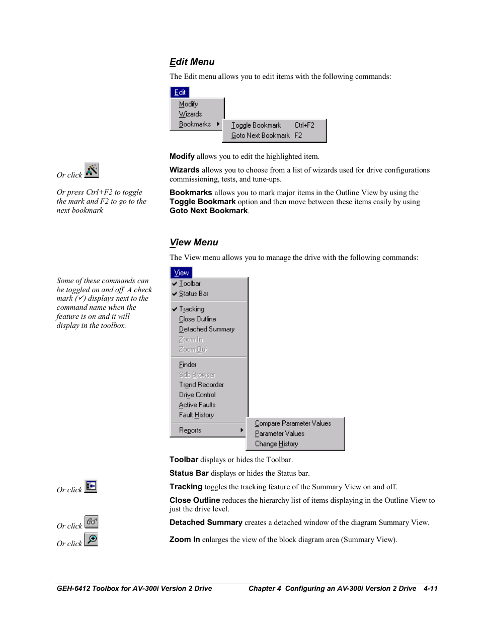 Edit menu, View menu | GE Industrial Solutions Control System Toolbox For an AV-300i Version 2 Drive User Manual | Page 41 / 80