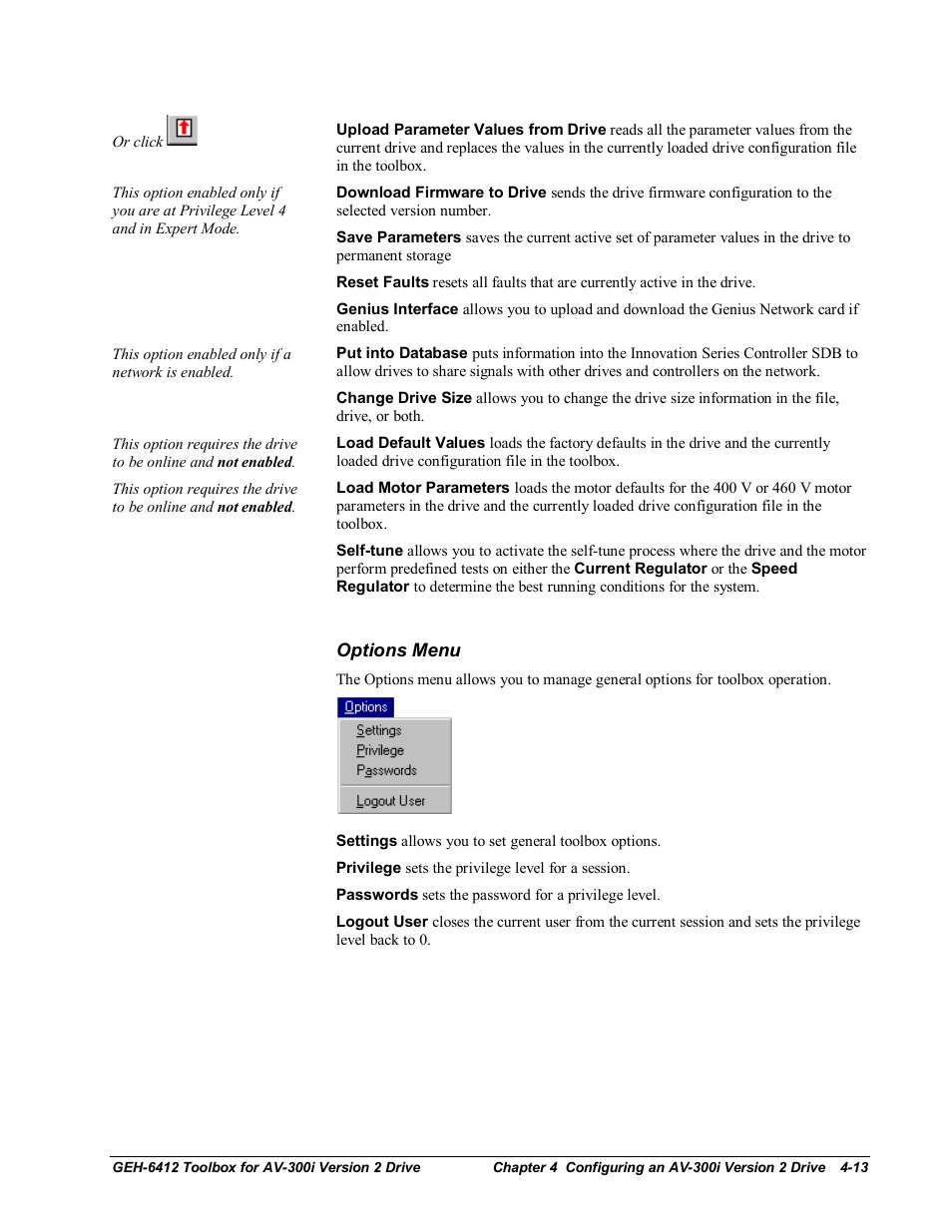 Options menu | GE Industrial Solutions Control System Toolbox For an AV-300i Version 2 Drive User Manual | Page 43 / 80