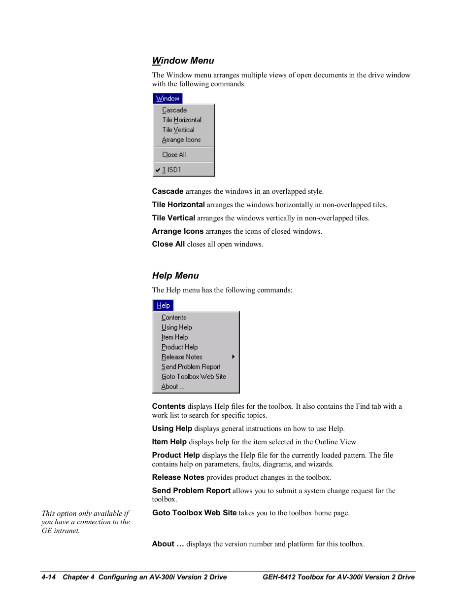 Window menu, Help menu | GE Industrial Solutions Control System Toolbox For an AV-300i Version 2 Drive User Manual | Page 44 / 80