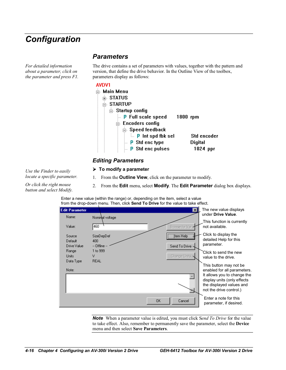 Configuration, Parameters, Editing parameters | GE Industrial Solutions Control System Toolbox For an AV-300i Version 2 Drive User Manual | Page 46 / 80