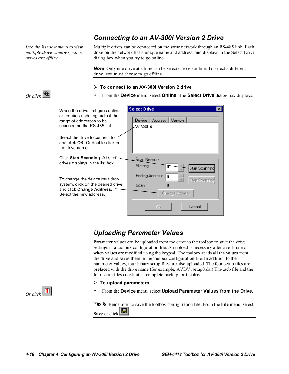 Connecting to an av-300i version 2 drive, Uploading parameter values | GE Industrial Solutions Control System Toolbox For an AV-300i Version 2 Drive User Manual | Page 48 / 80