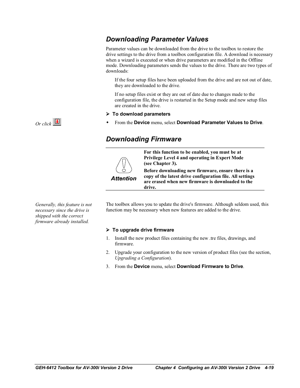 Downloading parameter values, Downloading firmware | GE Industrial Solutions Control System Toolbox For an AV-300i Version 2 Drive User Manual | Page 49 / 80