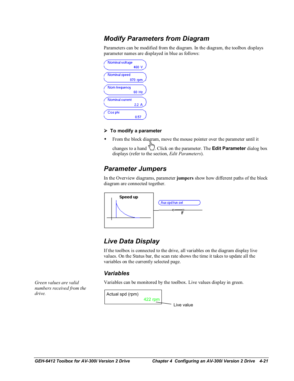 Modify parameters from diagram, Parameter jumpers, Live data display | Variables | GE Industrial Solutions Control System Toolbox For an AV-300i Version 2 Drive User Manual | Page 51 / 80