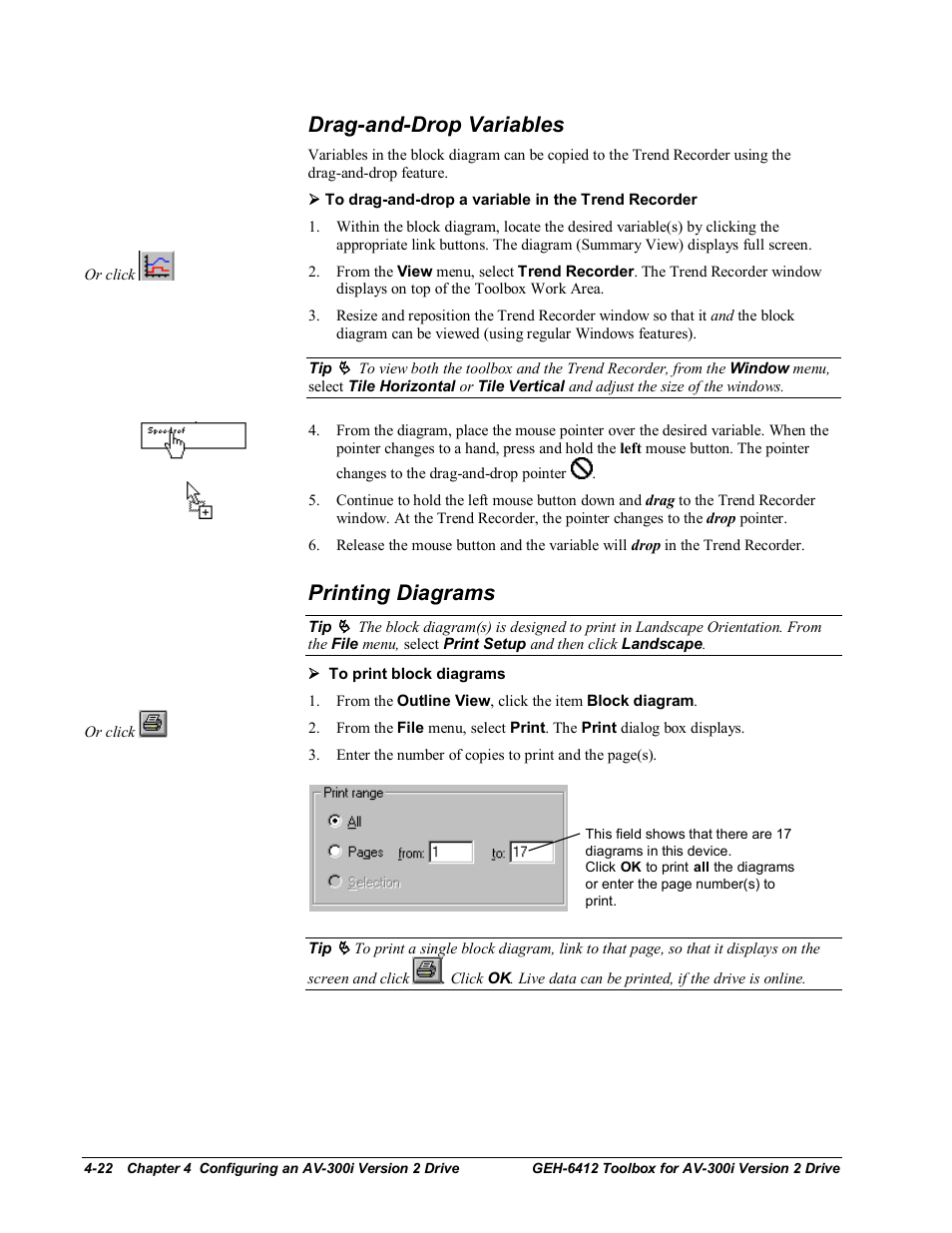 Drag-and-drop variables, Printing diagrams | GE Industrial Solutions Control System Toolbox For an AV-300i Version 2 Drive User Manual | Page 52 / 80