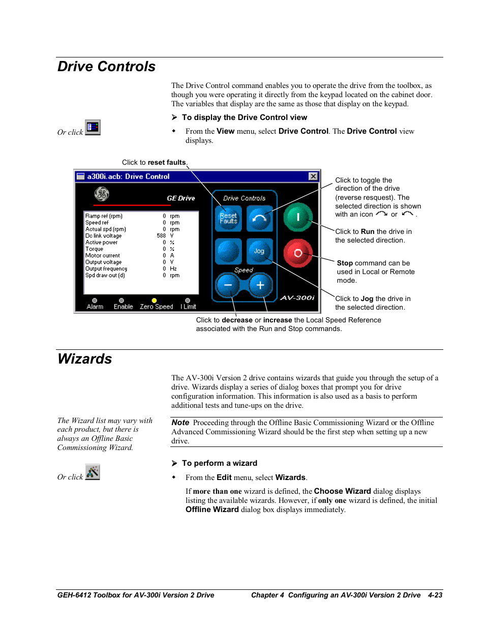 Drive controls, Wizards | GE Industrial Solutions Control System Toolbox For an AV-300i Version 2 Drive User Manual | Page 53 / 80