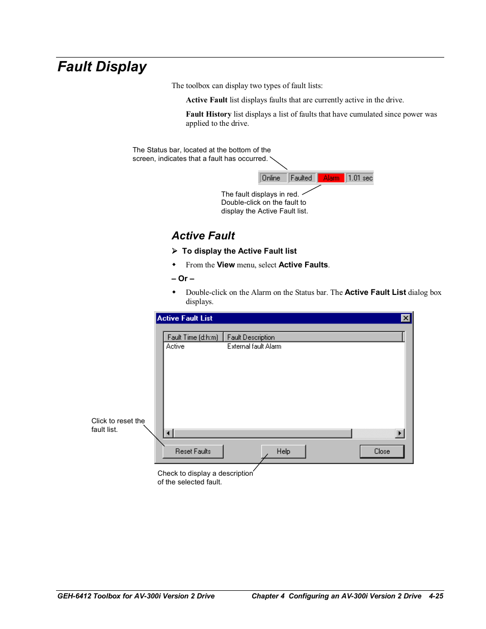Fault display, Active fault | GE Industrial Solutions Control System Toolbox For an AV-300i Version 2 Drive User Manual | Page 55 / 80