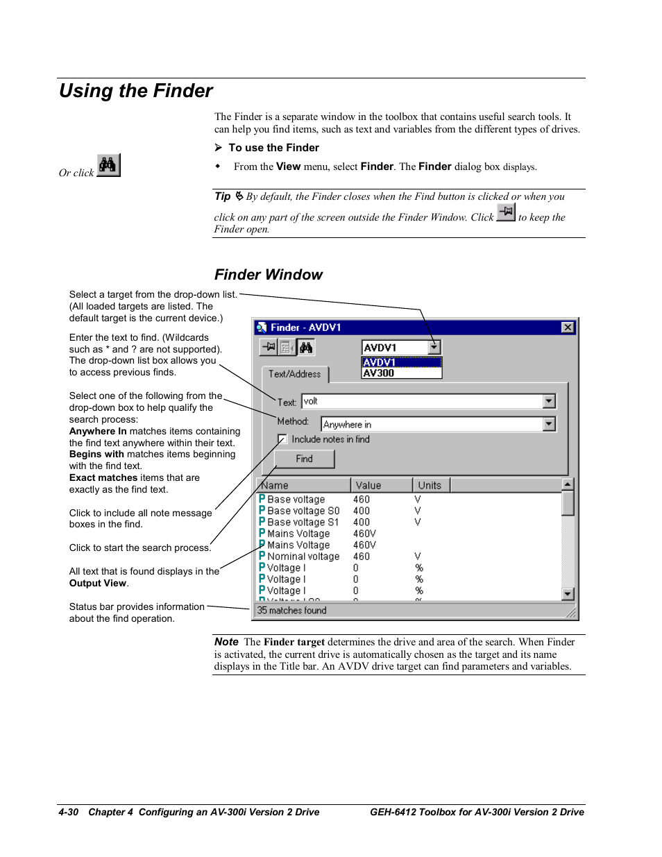Using the finder, Finder window | GE Industrial Solutions Control System Toolbox For an AV-300i Version 2 Drive User Manual | Page 60 / 80