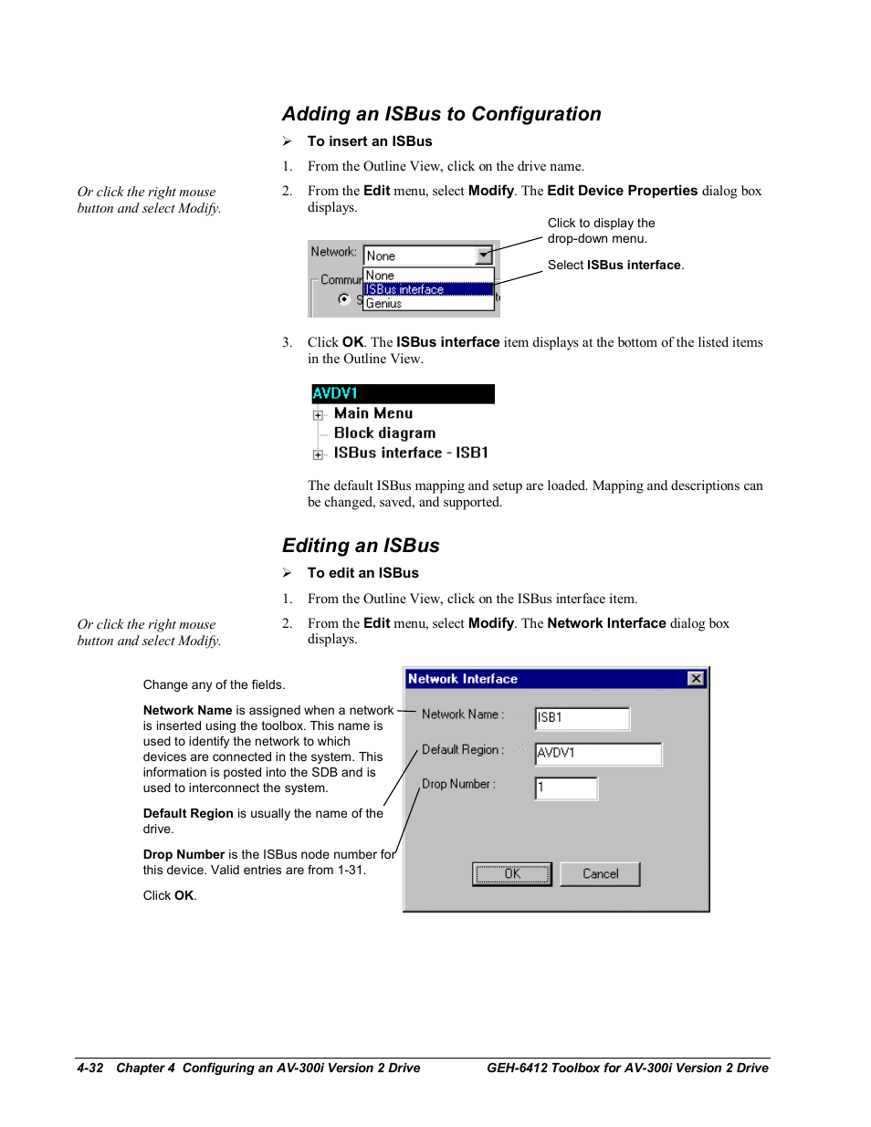 Adding an isbus to configuration, Editing an isbus | GE Industrial Solutions Control System Toolbox For an AV-300i Version 2 Drive User Manual | Page 62 / 80