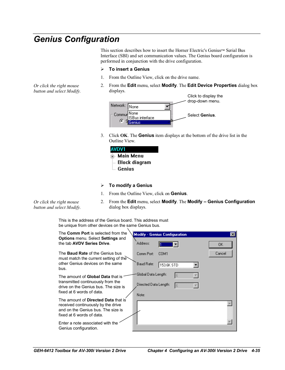 Genius configuration | GE Industrial Solutions Control System Toolbox For an AV-300i Version 2 Drive User Manual | Page 65 / 80