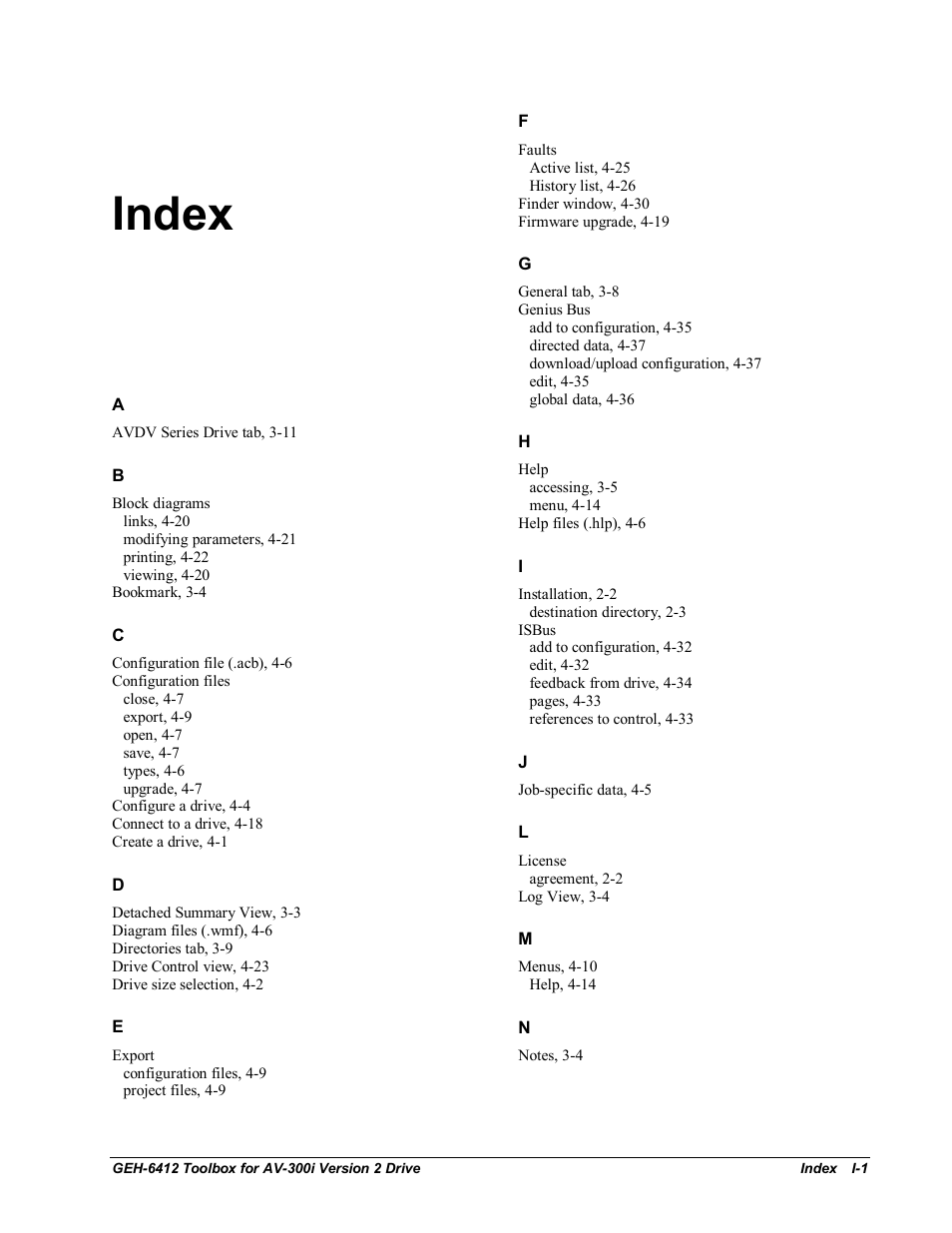 Index | GE Industrial Solutions Control System Toolbox For an AV-300i Version 2 Drive User Manual | Page 77 / 80