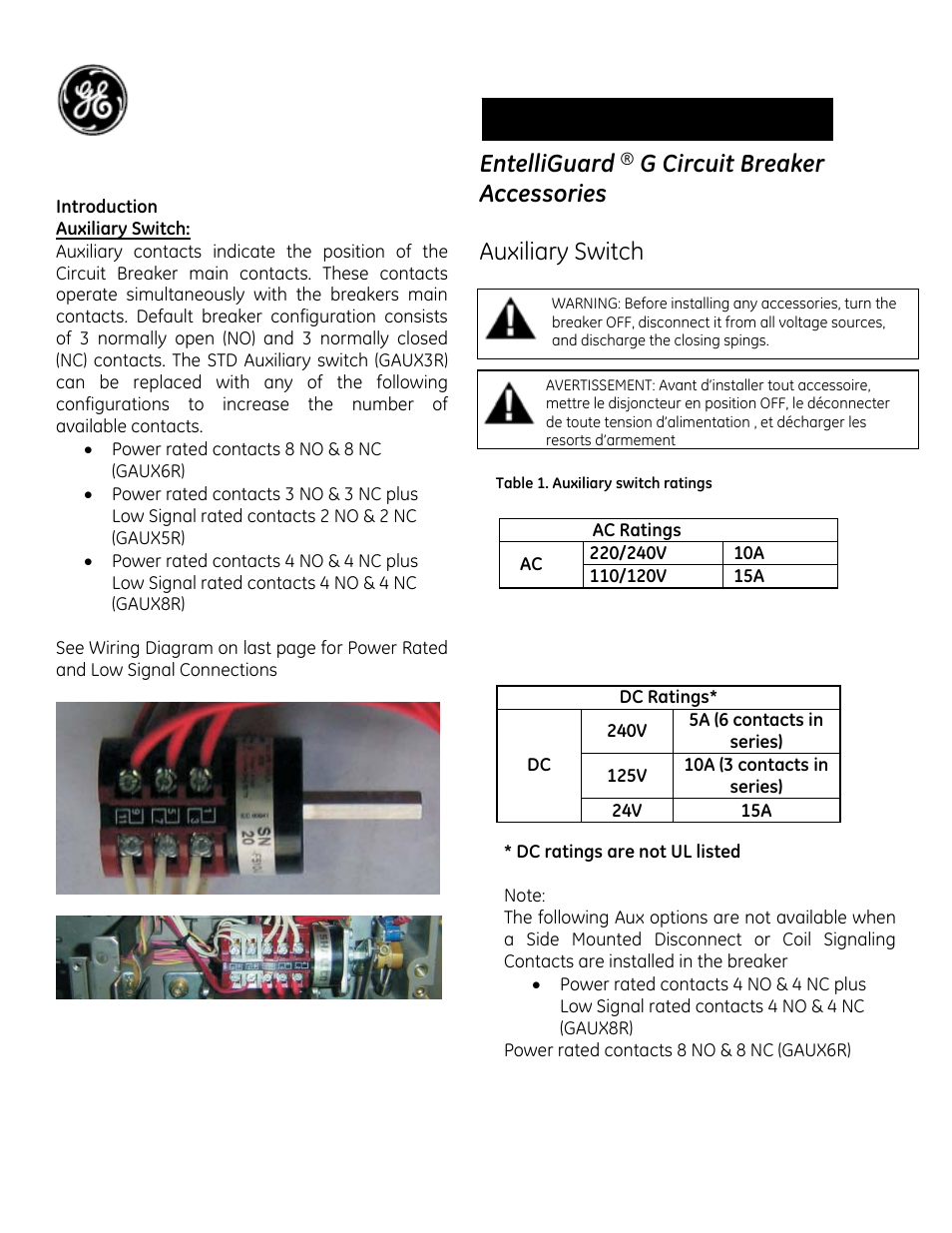 GE Industrial Solutions EntelliGuard G Auxiliary Switch User Manual | 4 pages