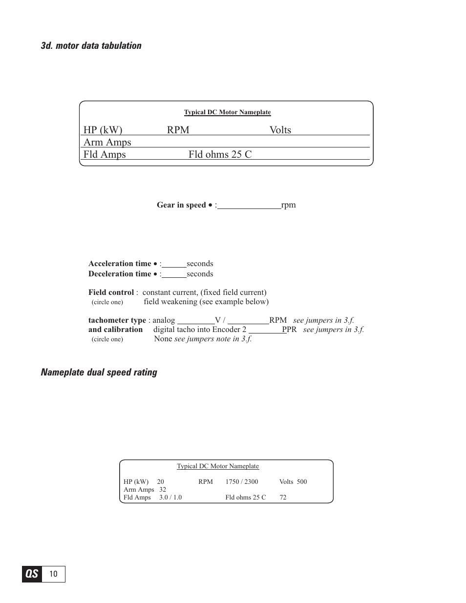 3d. motor data tabulation, Nameplate dual speed rating, Hp (kw) rpm volts arm amps fld amps fld ohms 25 c | GE Industrial Solutions DV-300 DC Quick Start User Manual | Page 10 / 32