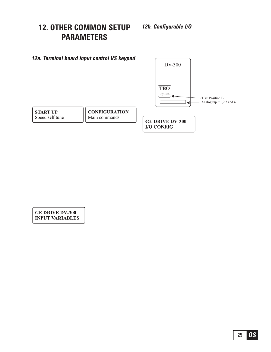 Other common setup parameters, 12a. terminal board input control vs keypad, 12b. configurable i/o | GE Industrial Solutions DV-300 DC Quick Start User Manual | Page 25 / 32