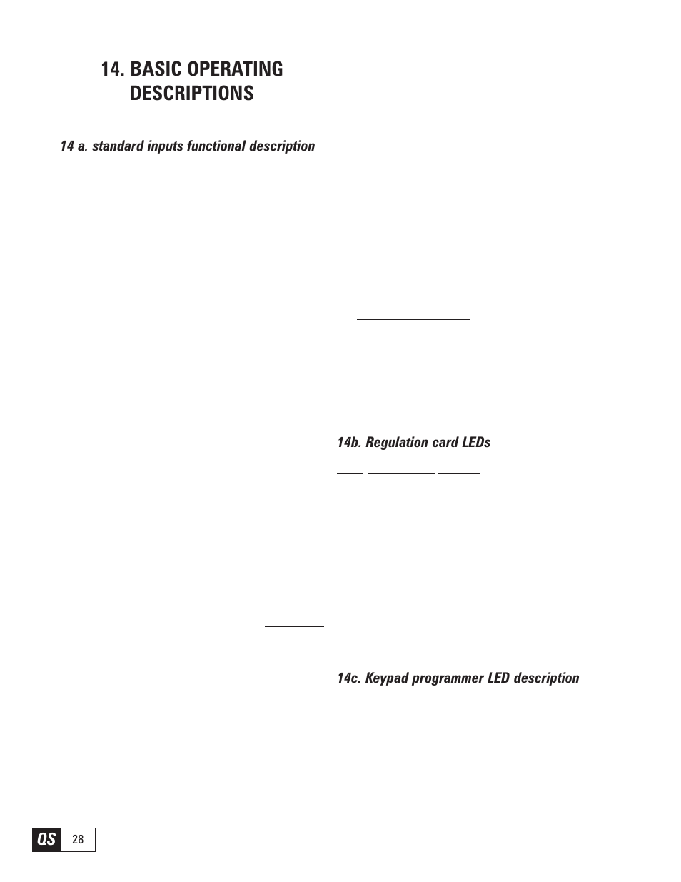 Basic operating descriptions, 14 a. standard inputs functional description, 14b. regulation card leds | 14c. keypad programmer led description | GE Industrial Solutions DV-300 DC Quick Start User Manual | Page 28 / 32