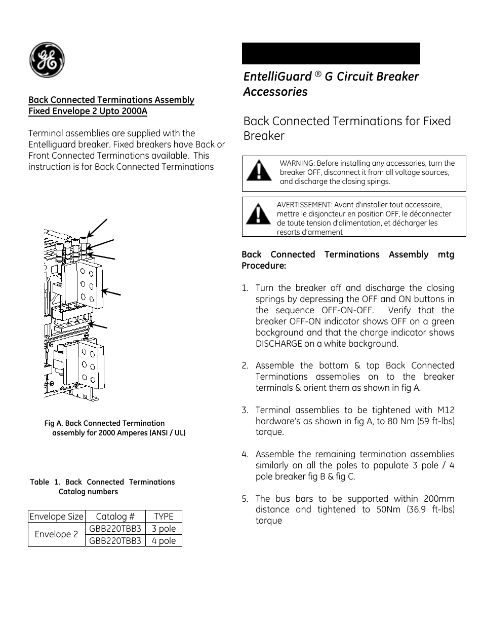 GE Industrial Solutions EntelliGuard G Back Connected Terminations for Fixed Envelope 2 Upto 2000A User Manual | 2 pages