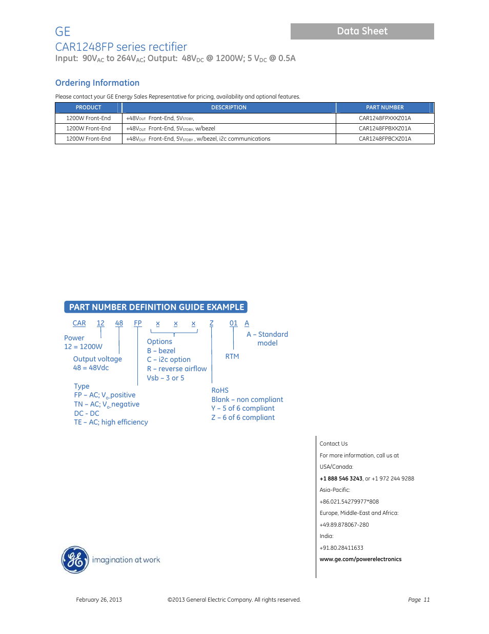Car1248fp series rectifier, Data sheet, Input: 90v | Output: 48v, Ordering information, Part number definition guide example | GE Industrial Solutions CAR1248FP series User Manual | Page 11 / 11