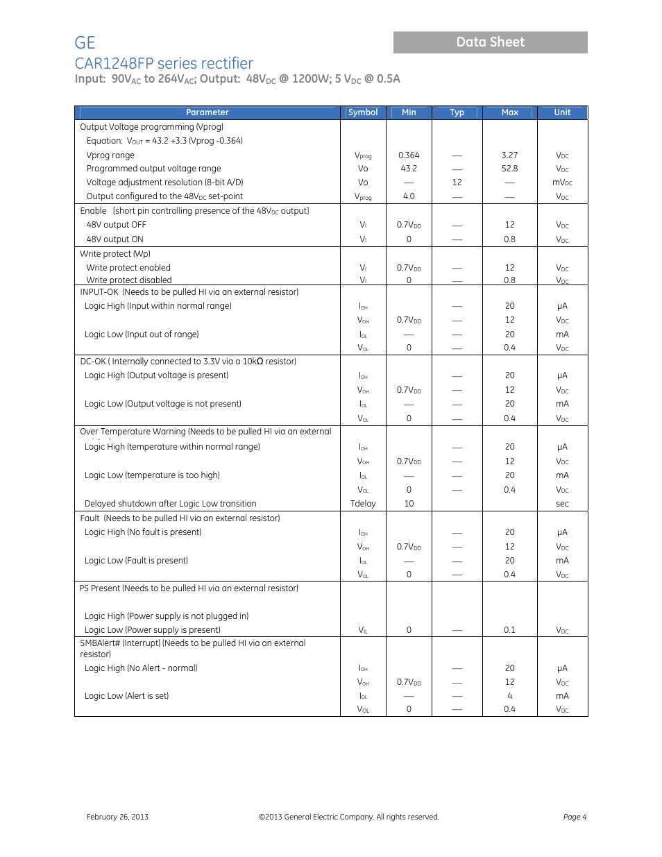 Car1248fp series rectifier, Data sheet, Input: 90v | Output: 48v | GE Industrial Solutions CAR1248FP series User Manual | Page 4 / 11