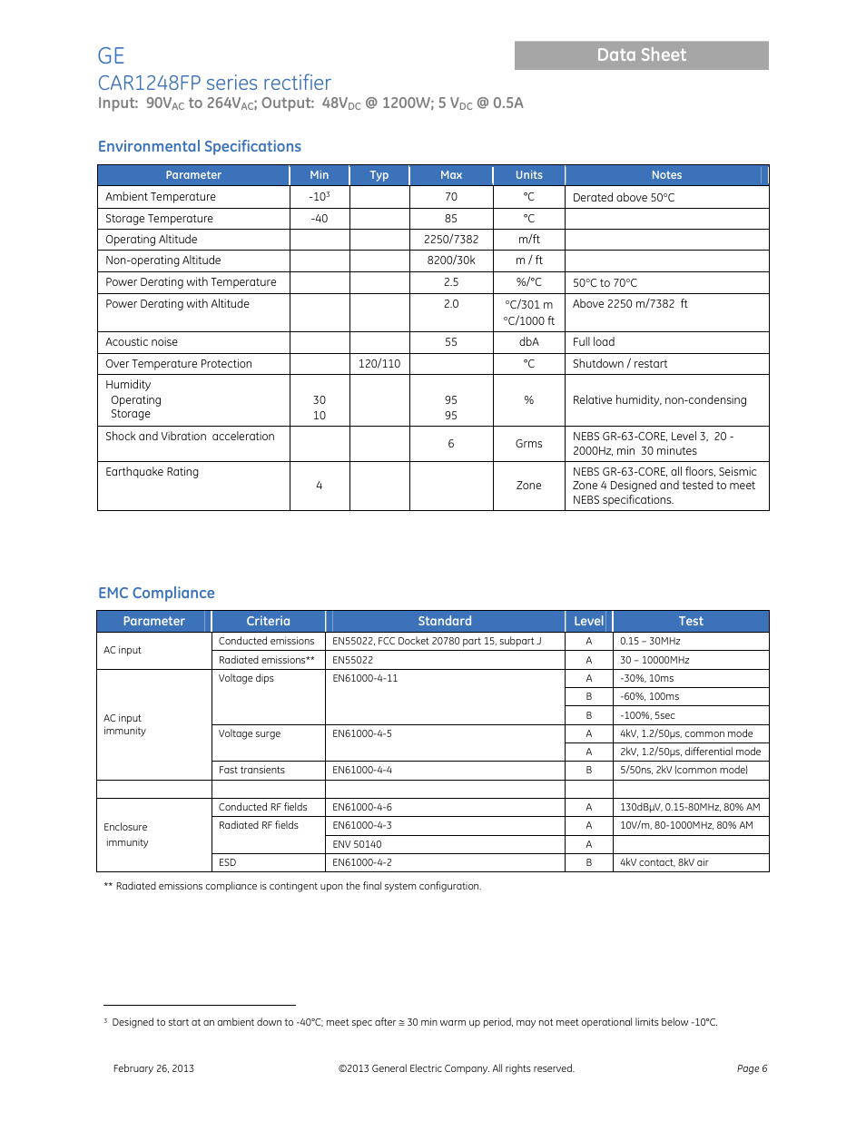 Car1248fp series rectifier, Data sheet, Input: 90v | Output: 48v, Environmental specifications, Emc compliance | GE Industrial Solutions CAR1248FP series User Manual | Page 6 / 11