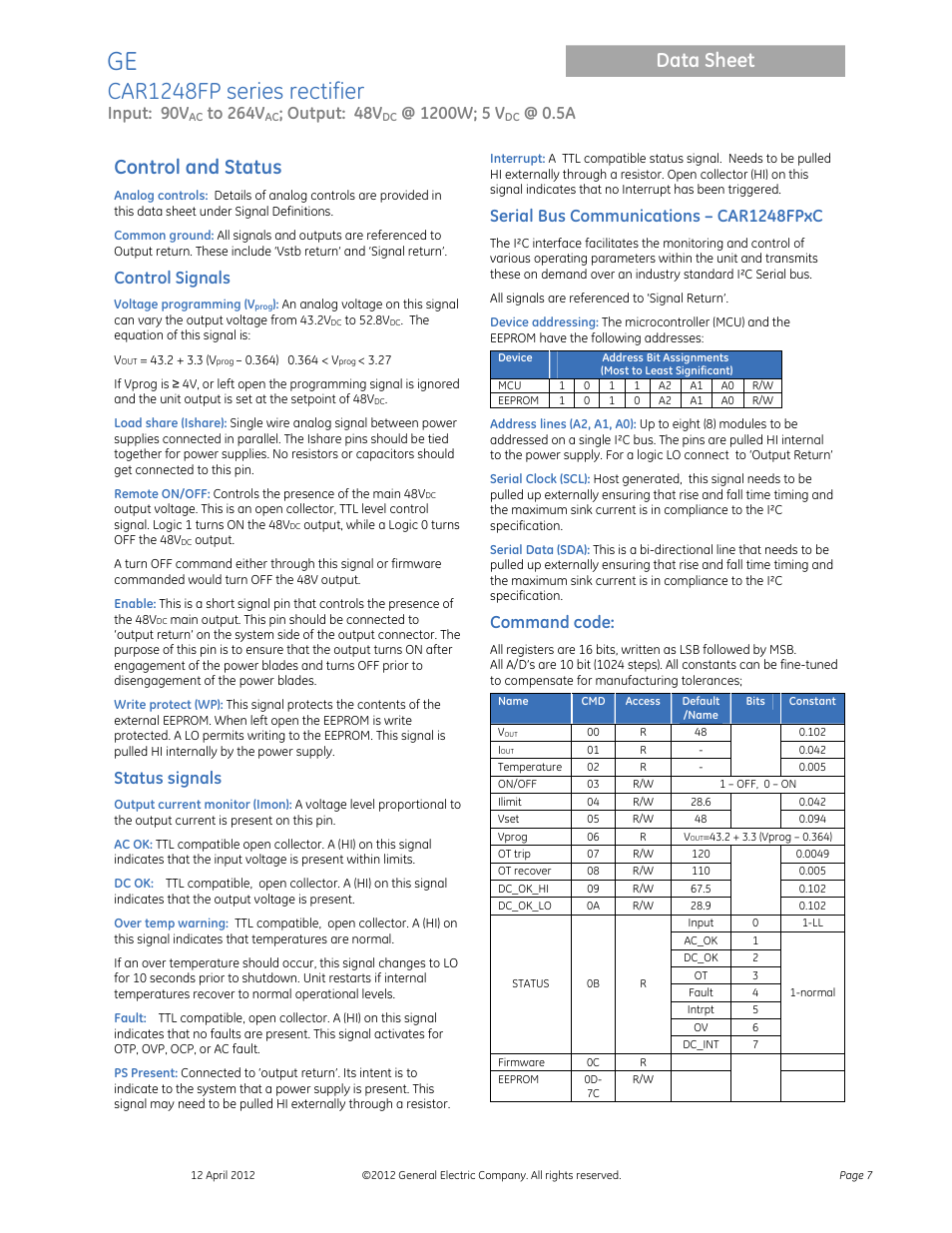 Car1248fp series rectifier, Data sheet, Control and status | Input: 90v, Output: 48v, Control signals, Status signals, Serial bus communications – car1248fpxc, Command code | GE Industrial Solutions CAR1248FP series User Manual | Page 7 / 11
