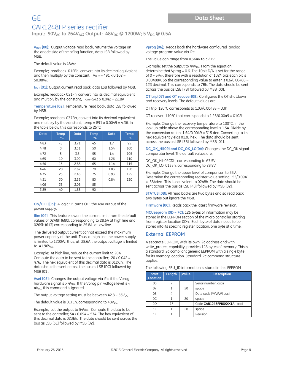Car1248fp series rectifier, Data sheet, Input: 90v | Output: 48v, External eeprom | GE Industrial Solutions CAR1248FP series User Manual | Page 8 / 11