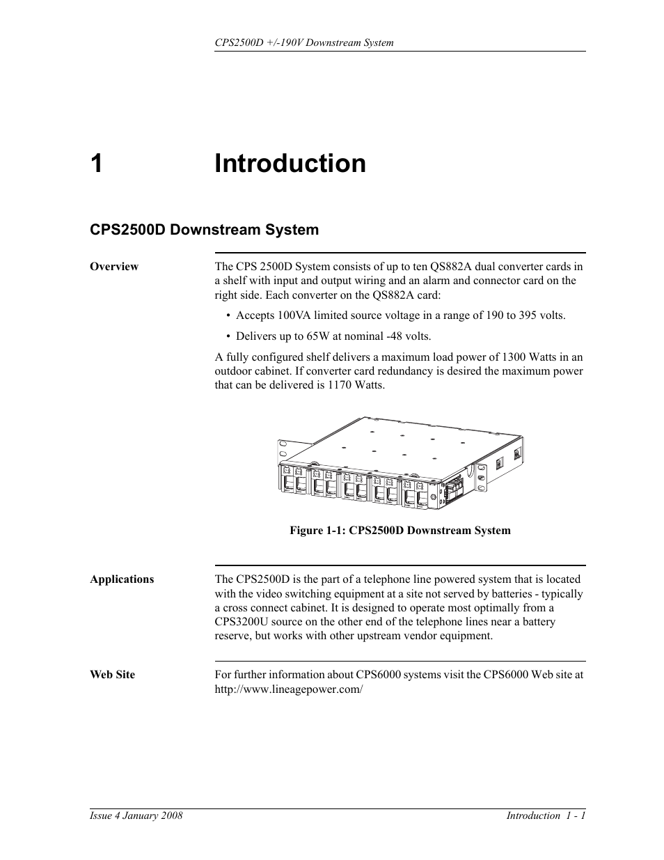 Introduction, Cps2500d downstream system, Overview | Applications, Web site, 1 introduction, Overview 1-1 applications 1-1 web site, Figure 1-1: cps2500d downstream system, 1introduction | GE Industrial Solutions CPS2500D +-190V User Manual | Page 11 / 56