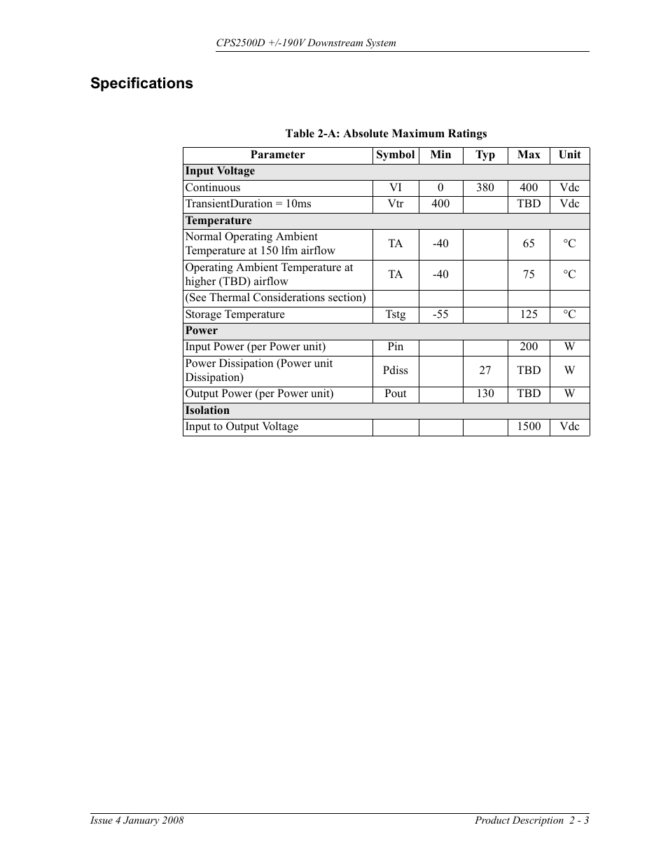 Specifications, Specifications 2-3, Table 2-a: absolute maximum ratings | GE Industrial Solutions CPS2500D +-190V User Manual | Page 15 / 56