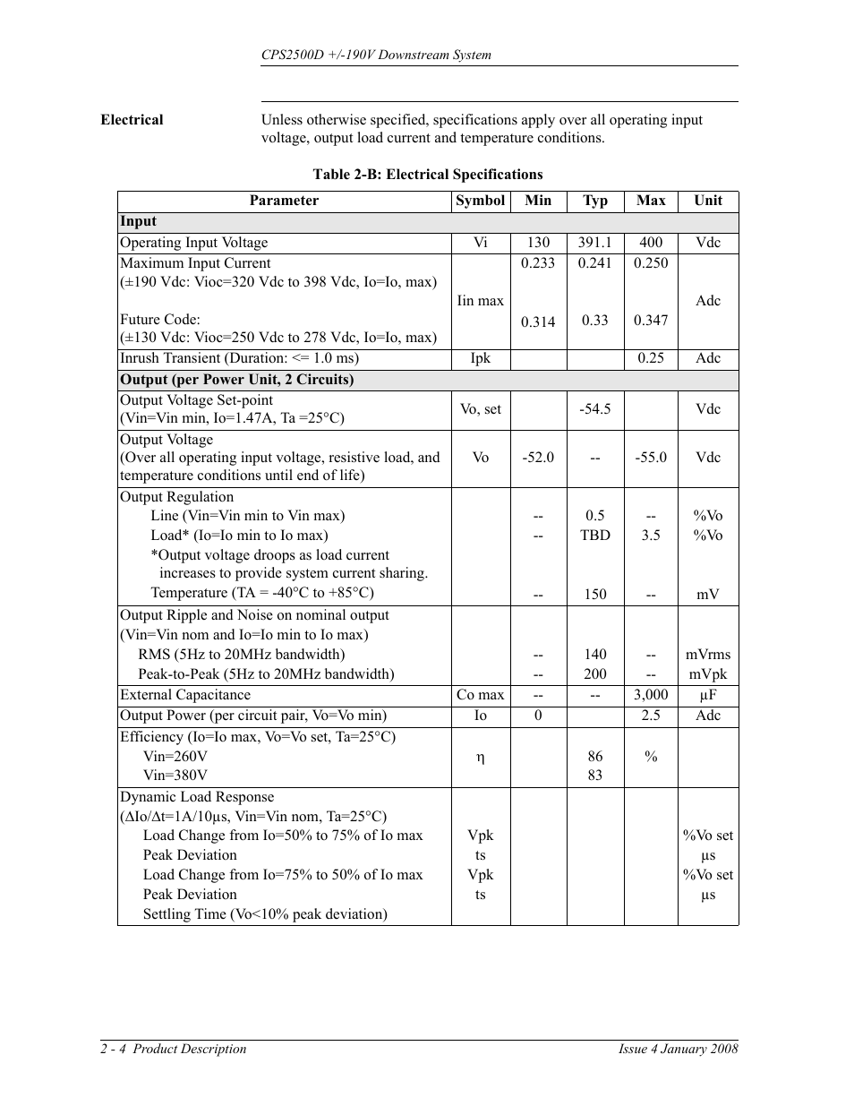 Electrical, Electrical 2-4, Table 2-b: electrical specifications | GE Industrial Solutions CPS2500D +-190V User Manual | Page 16 / 56