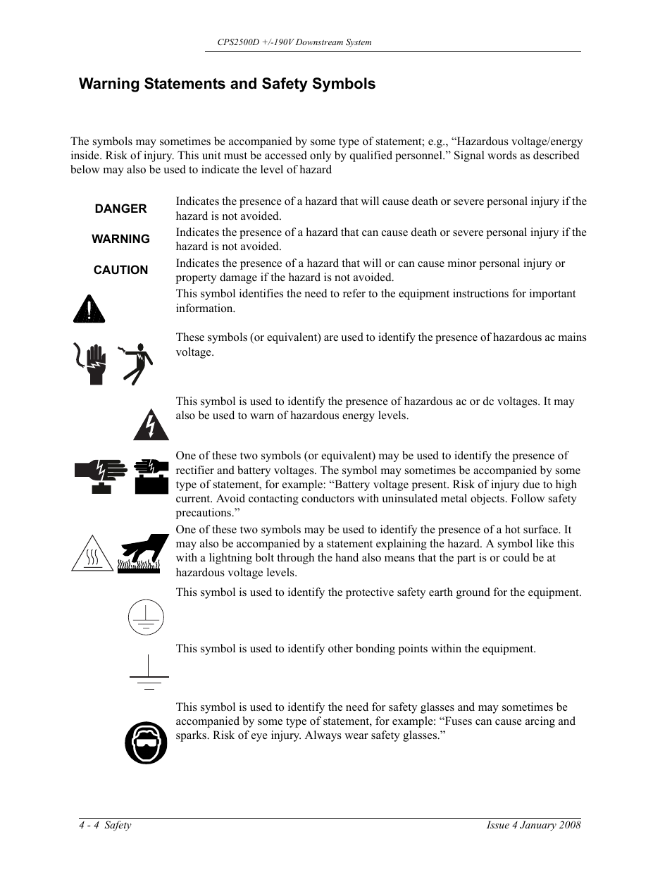 Warning statements and safety symbols | GE Industrial Solutions CPS2500D +-190V User Manual | Page 26 / 56