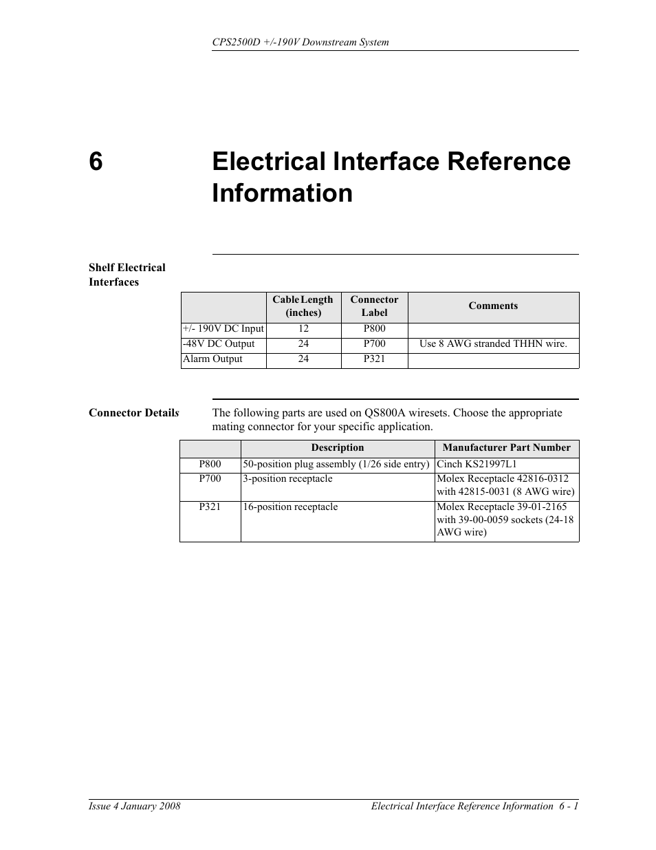 Electrical interface reference information, Shelf electrical interfaces, Connector details | 6 electrical interface reference information, 6electrical interface reference information | GE Industrial Solutions CPS2500D +-190V User Manual | Page 43 / 56