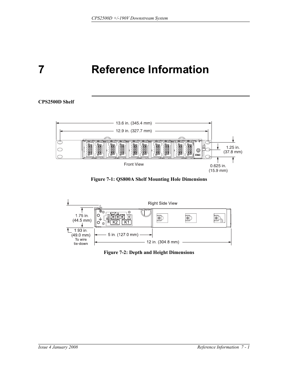 Reference information, Cps2500d shelf, 7 reference information | Figure 7-1: qs800a shelf mounting hole dimensions, Figure 7-2: depth and height dimensions, 7reference information | GE Industrial Solutions CPS2500D +-190V User Manual | Page 47 / 56