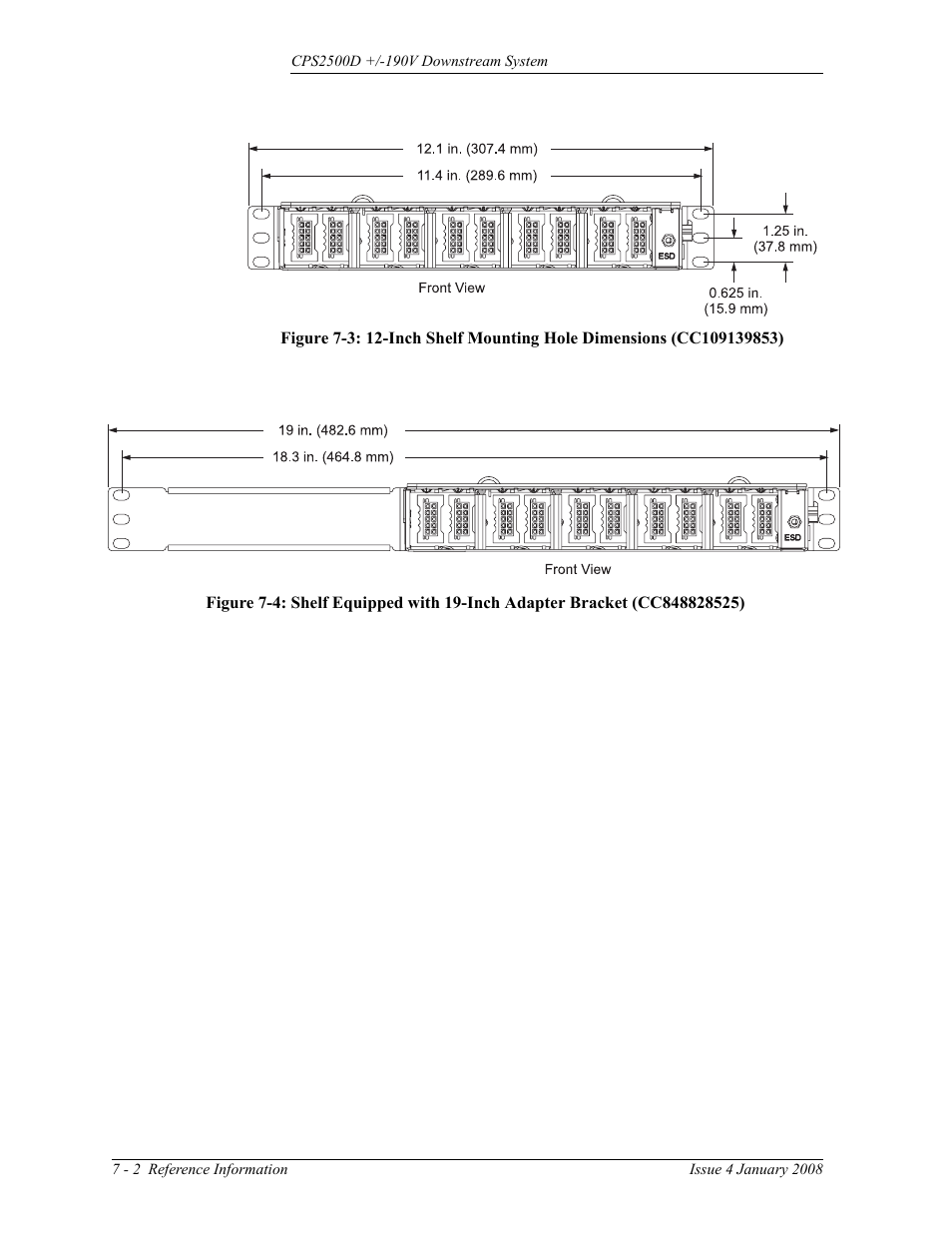 Figure 7-3: 12-inch shelf mounting hole, Dimensions (cc109139853), Cc848828525) | GE Industrial Solutions CPS2500D +-190V User Manual | Page 48 / 56