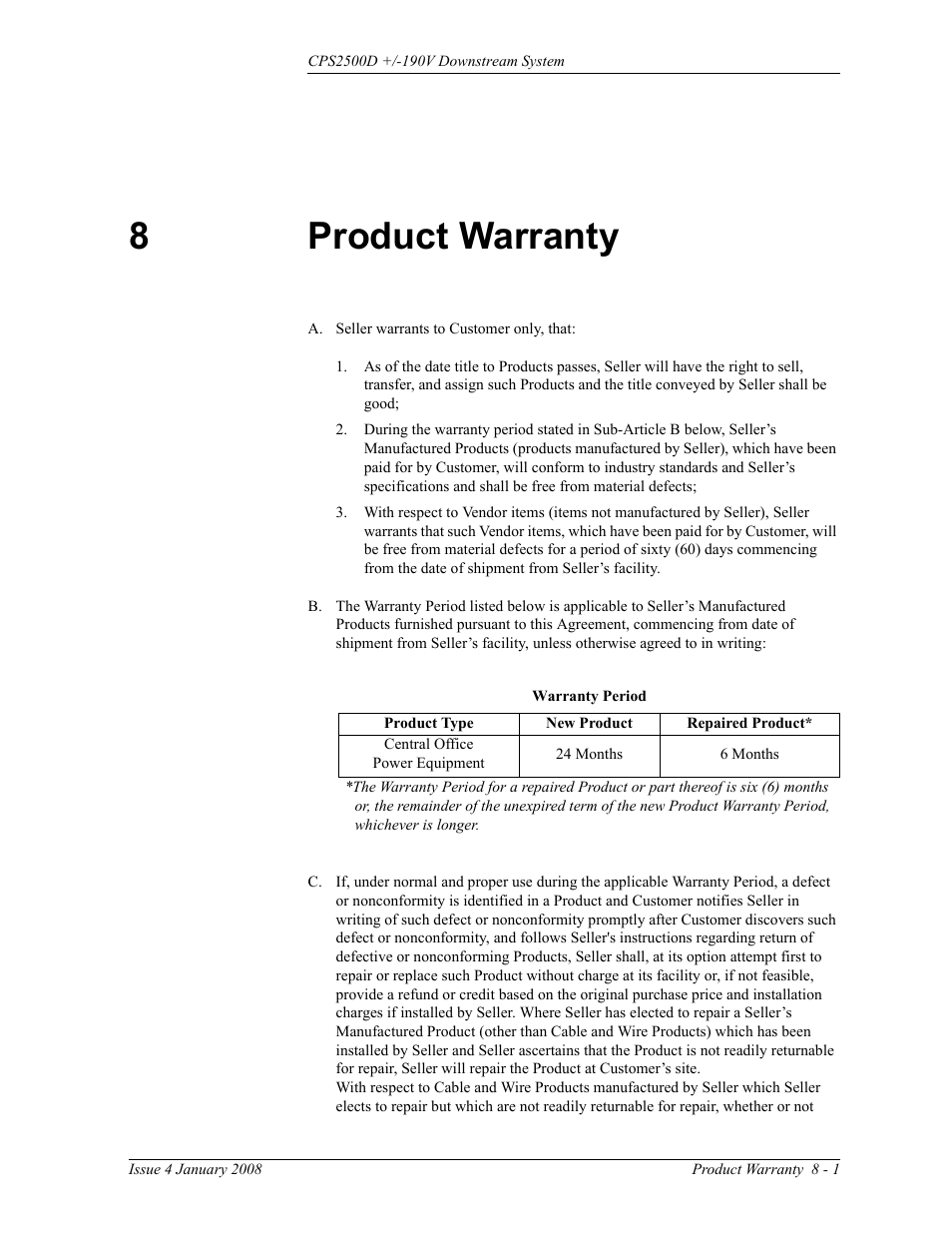 Product warranty, 8 product warranty, 8product warranty | GE Industrial Solutions CPS2500D +-190V User Manual | Page 51 / 56
