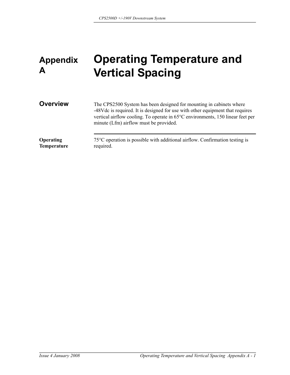 Operating temperature and vertical spacing, Overview, Operating temperature | Overview a-1, Appendix a | GE Industrial Solutions CPS2500D +-190V User Manual | Page 53 / 56