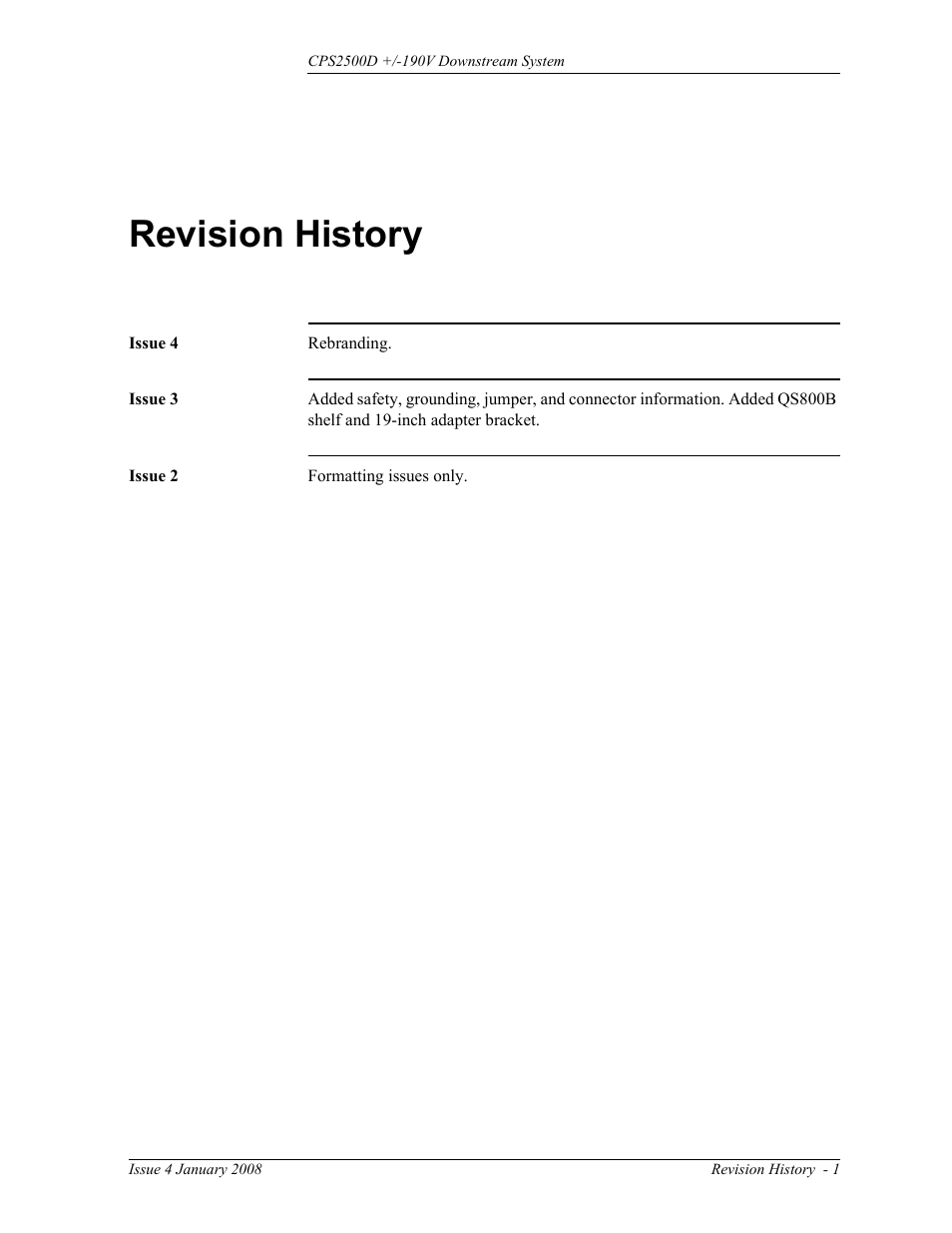 Revision history | GE Industrial Solutions CPS2500D +-190V User Manual | Page 55 / 56